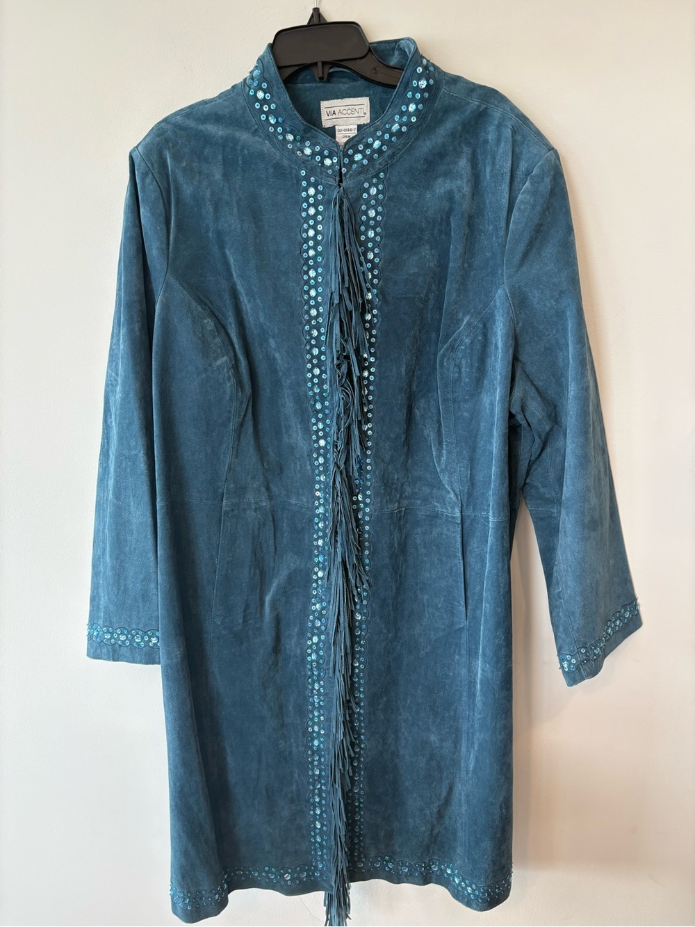 INSANE Y2K Women's Teal Suede Fringe Coat beaded event concert XL - Picture 2 of 13